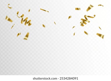 Gold confetti and ribbon streamers falling on a transparent background. blurred. Big and small,abstract frame,blurred,simple,Vector. eps 10