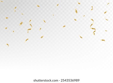 Gold confetti and ribbon streamers falling on a transparent background. Vector. eps 10