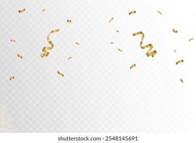 Gold confetti and ribbon streamers falling on a transparent background. blur. Transparent. Small and large.Vector