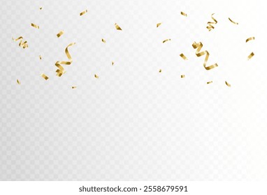 Gold confetti and ribbon streamers falling on a transparent background. blur. Transparent. Small and large.Vector	,eps 10