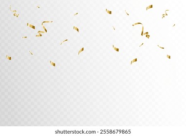 Gold confetti and ribbon streamers falling on a transparent background. blur. vector ,eps 10