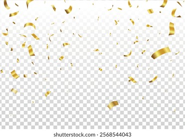 Gold confetti and ribbon streamers falling on a transparent background