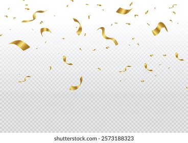 Gold confetti and ribbon streamers falling on a transparent background, Can be used for celebration, Christmas, New Year, Carnival festivity