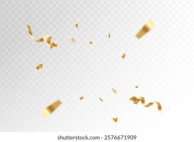 gold confetti and ribbon streamers falling on a transparent background. blurred. Big and small,abstract frame,zoom effectVector.eps 10	
