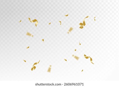 Gold confetti and ribbon streamers falling on a transparent background. blurred.zoom effect,memphisVector. eps 10	