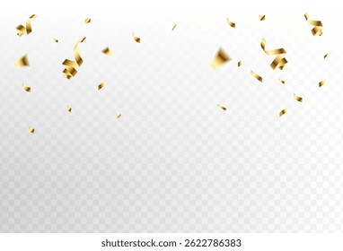 Gold confetti and ribbon streamers falling on a transparent background. blur. Transparent. Small and large.Vector illustration