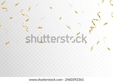 Gold confetti and ribbon streamers falling on a transparent background. Vector