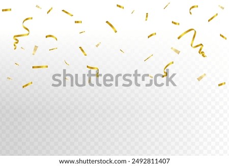 Gold confetti and ribbon streamers falling on a transparent background. blurred. celebration.vector.eps 10