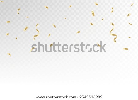 Gold confetti and ribbon streamers falling on a transparent background. Vector. eps 10