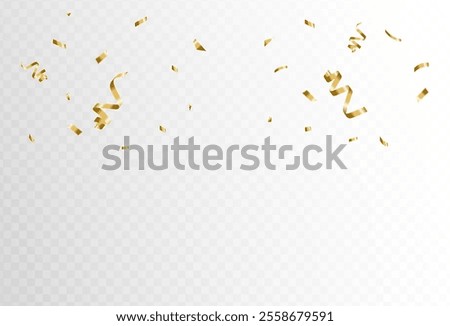 Gold confetti and ribbon streamers falling on a transparent background. blur. Transparent. Small and large.Vector	,eps 10