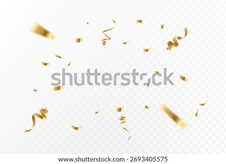 Gold confetti and ribbon streamers falling on a transparent background. Vector eps 10