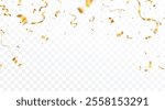 Gold Confetti and ribbons celebration party design element, Falling shiny gold confetti isolated on transparent background