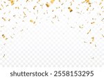 Gold Confetti and ribbons celebration party design element, Falling shiny gold confetti isolated on transparent background