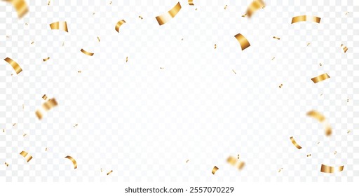 Gold Confetti and ribbons celebration party design element, Falling shiny gold confetti isolated on transparent background