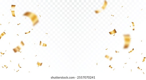 Gold Confetti and ribbons celebration party design element, Falling shiny gold confetti isolated on transparent background