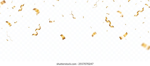 Gold Confetti and ribbons celebration party design element, Falling shiny gold confetti isolated on transparent background