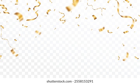 Gold Confetti and ribbons celebration party design element, Falling shiny gold confetti isolated on transparent background