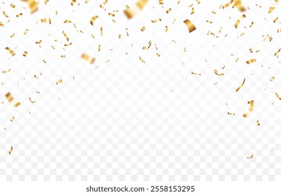 Gold Confetti and ribbons celebration party design element, Falling shiny gold confetti isolated on transparent background