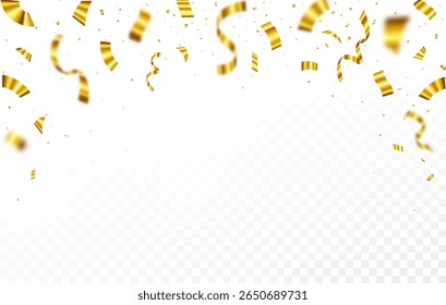 Gold Confetti and ribbons celebration party design element, Falling shiny gold confetti isolated on transparent background. Celebration and festive concept.