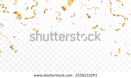 Gold Confetti and ribbons celebration party design element, Falling shiny gold confetti isolated on transparent background