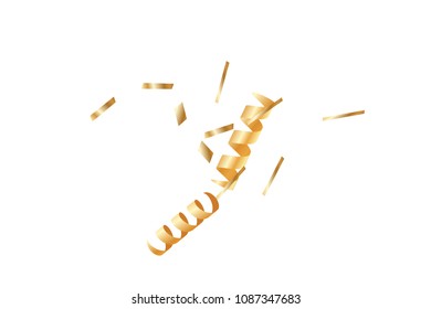  Gold confetti, ribbons. Falling glitter. Bokeh background. Abstract golden anniversary invitation template. Wedding concept card. Flying abstract particles. Explosion celebrate card.