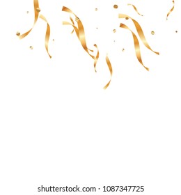  Gold confetti, ribbons. Falling glitter. Bokeh background. Abstract golden anniversary invitation template. Wedding concept card. Flying abstract particles. Explosion celebrate card.