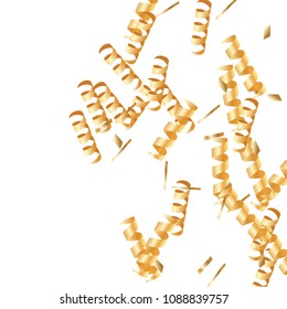 Gold confetti, ribbons. Falling glitter. Bokeh background. Abstract golden anniversary invitation template. Wedding concept card. Flying abstract particles. Explosion celebrate card.