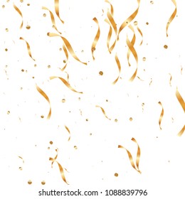 Gold confetti, ribbons. Falling glitter. Bokeh background. Abstract golden anniversary invitation template. Wedding concept card. Flying abstract particles. Explosion celebrate card.