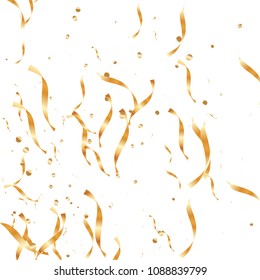Gold confetti, ribbons. Falling glitter. Bokeh background. Abstract golden anniversary invitation template. Wedding concept card. Flying abstract particles. Explosion celebrate card.