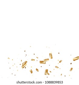  Gold confetti, ribbons. Falling glitter. Bokeh background. Abstract golden anniversary invitation template. Wedding concept card. Flying abstract particles. Explosion celebrate card.