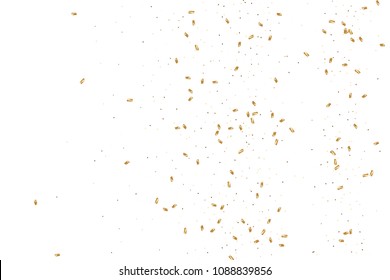  Gold confetti, ribbons. Falling glitter. Bokeh background. Abstract golden anniversary invitation template. Wedding concept card. Flying abstract particles. Explosion celebrate card.