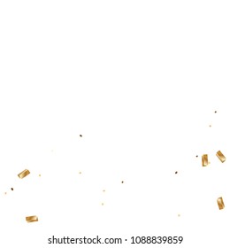  Gold confetti, ribbons. Falling glitter. Bokeh background. Abstract golden anniversary invitation template. Wedding concept card. Flying abstract particles. Explosion celebrate card.