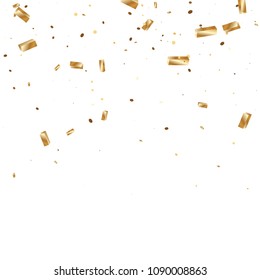  Gold confetti, ribbons. Falling glitter. Bokeh background. Abstract golden anniversary invitation template. Wedding concept card. Flying abstract particles. Explosion celebrate card.