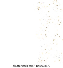  Gold confetti, ribbons. Falling glitter. Bokeh background. Abstract golden anniversary invitation template. Wedding concept card. Flying abstract particles. Explosion celebrate card.