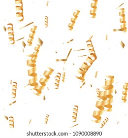  Gold confetti, ribbons. Falling glitter. Bokeh background. Abstract golden anniversary invitation template. Wedding concept card. Flying abstract particles. Explosion celebrate card.