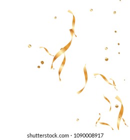  Gold confetti, ribbons. Falling glitter. Bokeh background. Abstract golden anniversary invitation template. Wedding concept card. Flying abstract particles. Explosion celebrate card.