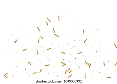  Gold Confetti, Ribbons. Falling Glitter. Bokeh Background. Abstract Golden Anniversary Invitation Template. Wedding Concept Card. Flying Abstract Particles. Explosion Celebrate Card.