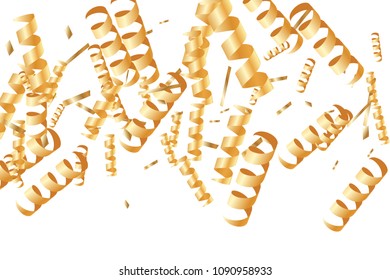  Gold confetti, ribbons. Falling glitter. Bokeh background. Abstract golden anniversary invitation template. Wedding concept card. Flying abstract particles. Explosion celebrate card.