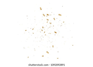  Gold confetti, ribbons. Falling glitter. Bokeh background. Abstract golden anniversary invitation template. Wedding concept card. Flying abstract particles. Explosion celebrate card.