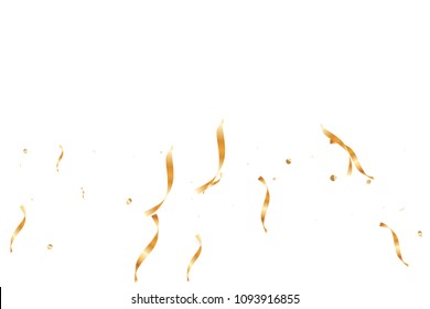  Gold confetti, ribbons. Falling glitter. Bokeh background. Abstract golden anniversary invitation template. Wedding concept card. Flying abstract particles. Explosion celebrate card.
