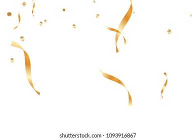  Gold confetti, ribbons. Falling glitter. Bokeh background. Abstract golden anniversary invitation template. Wedding concept card. Flying abstract particles. Explosion celebrate card.