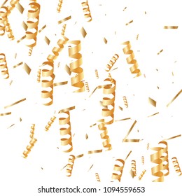  Gold confetti, ribbons. Falling glitter. Bokeh background. Abstract golden anniversary invitation template. Wedding concept card. Flying abstract particles. Explosion celebrate card.