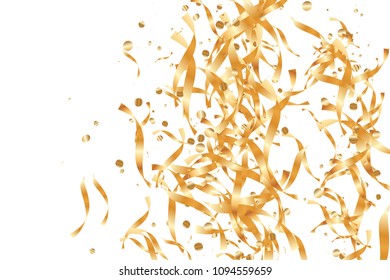  Gold confetti, ribbons. Falling glitter. Bokeh background. Abstract golden anniversary invitation template. Wedding concept card. Flying abstract particles. Explosion celebrate card.