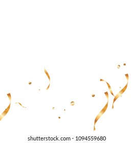  Gold confetti, ribbons. Falling glitter. Bokeh background. Abstract golden anniversary invitation template. Wedding concept card. Flying abstract particles. Explosion celebrate card.