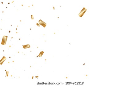  Gold confetti, ribbons. Falling glitter. Bokeh background. Abstract golden anniversary invitation template. Wedding concept card. Flying abstract particles. Explosion celebrate card.