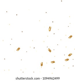  Gold confetti, ribbons. Falling glitter. Bokeh background. Abstract golden anniversary invitation template. Wedding concept card. Flying abstract particles. Explosion celebrate card.