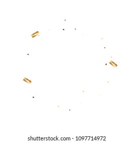  Gold confetti, ribbons. Falling glitter. Bokeh background. Abstract golden anniversary invitation template. Wedding concept card. Flying abstract particles. Explosion celebrate card.