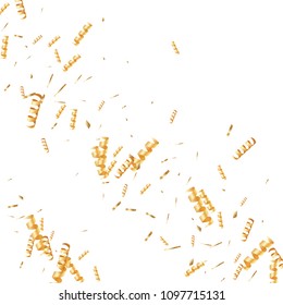 Gold confetti, ribbons. Falling glitter. Bokeh background. Abstract golden anniversary invitation template. Wedding concept card. Flying abstract particles. Explosion celebrate card.