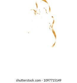  Gold confetti, ribbons. Falling glitter. Bokeh background. Abstract golden anniversary invitation template. Wedding concept card. Flying abstract particles. Explosion celebrate card.