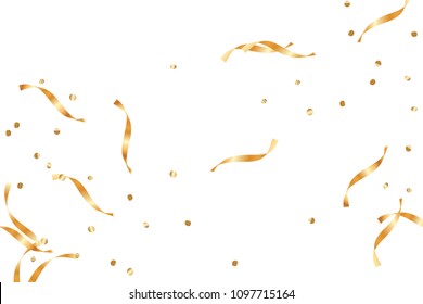  Gold confetti, ribbons. Falling glitter. Bokeh background. Abstract golden anniversary invitation template. Wedding concept card. Flying abstract particles. Explosion celebrate card.